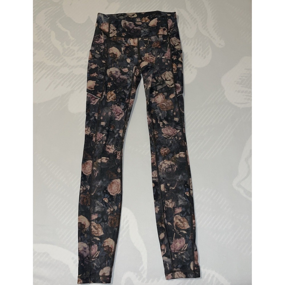 Lululemon Speed Up Tights Frosted Rose Multi Dark Floral 2 Pockets Size 2